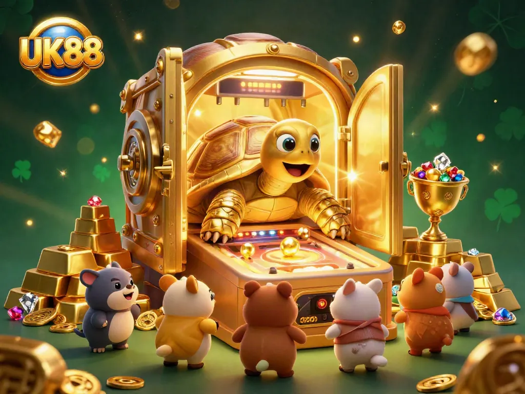 Experience exciting gaming at UK88 with vibrant casino-themed illustration featuring a golden tortoise and treasures.