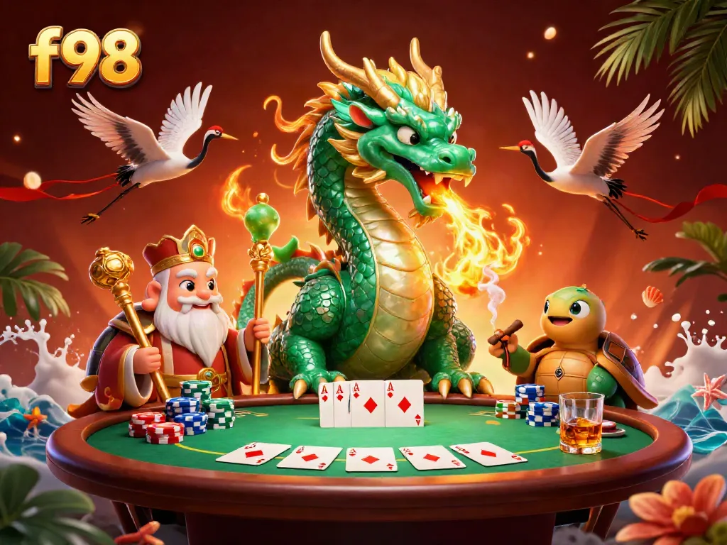 Engage in high-stakes poker with f98's thrilling dragon-themed casino scene, showcasing vibrant character interaction.