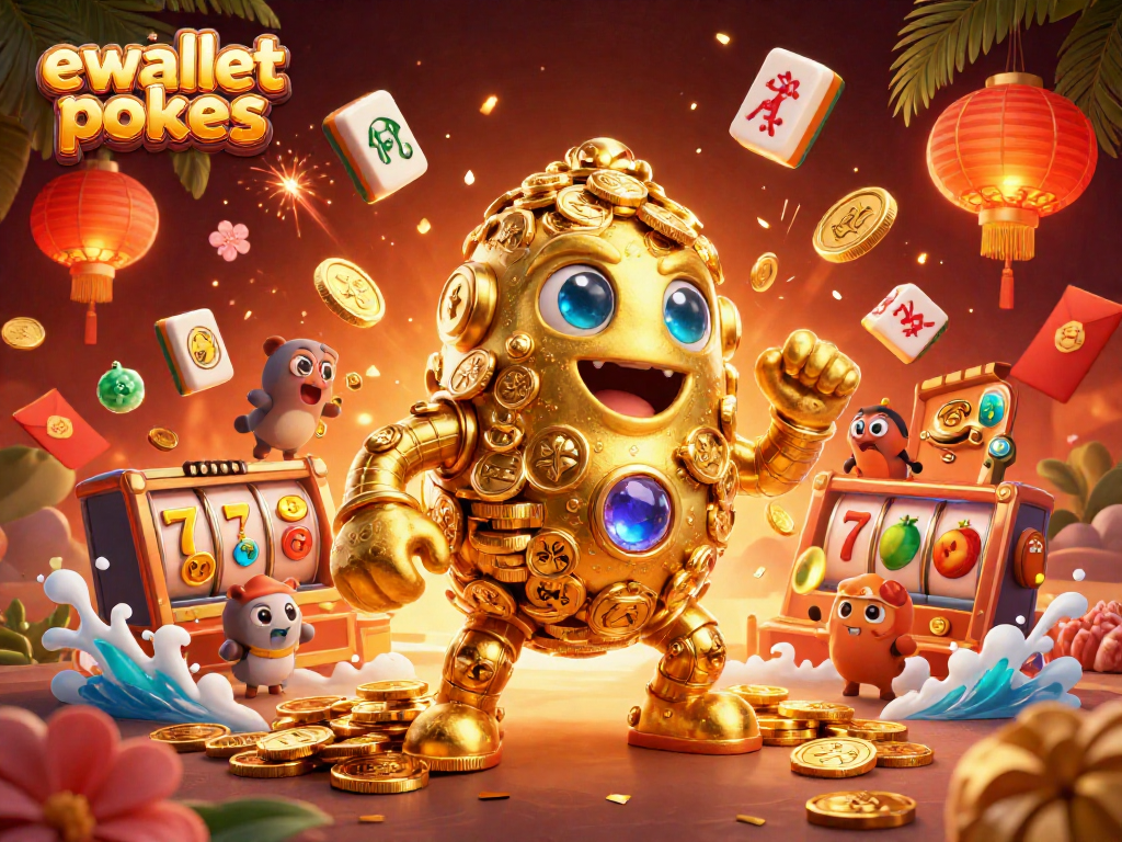 Spin the reels with ewallet pokies featuring a golden golem surrounded by vibrant casino symbols.