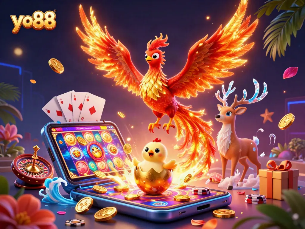 Engage in thrilling gameplay with yo88, featuring a 3D phoenix, baby chick, and casino game elements.