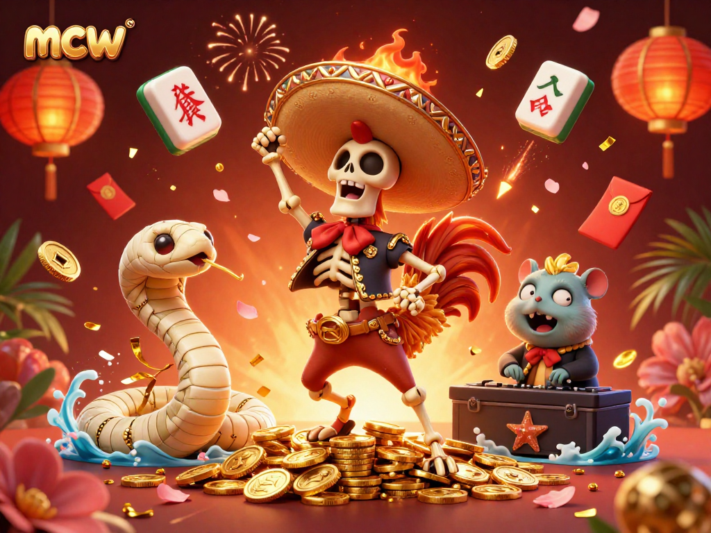Experience the thrilling gameplay at mcw with a vibrant 3D illustration featuring a mariachi rooster and more.