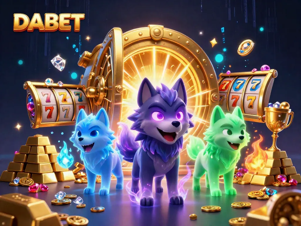 DABET offers exciting slot games featuring a 3D shadow wolf leader with vibrant treasures and collectibles.