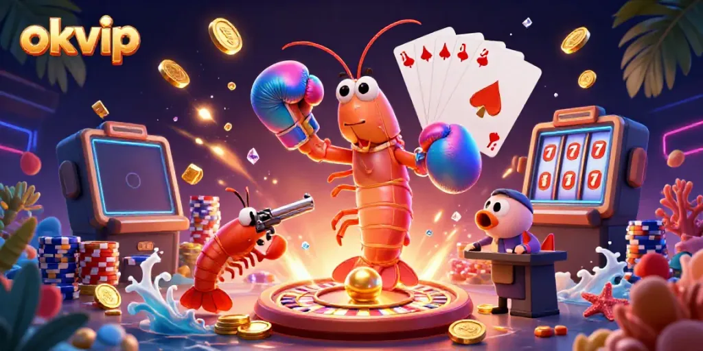 Engage in thrilling gaming action with okvip's vibrant casino scene featuring animated ocean life.