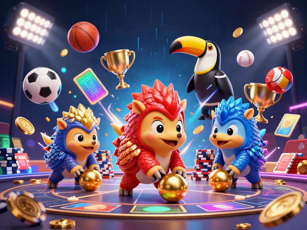 Engage with the AU88 APP in this vibrant illustration of playful pangolins and dynamic sports elements, showcasing the excitement of gaming.