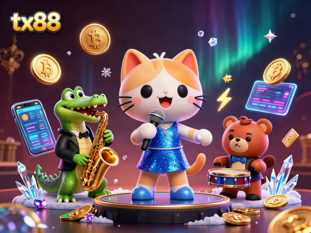 Engage with tx88's vibrant casino illustration featuring a jazz-singer cat, saxophone crocodile, and drum-playing bear.
