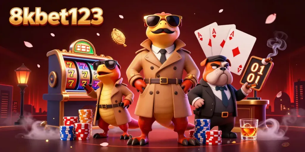 Engage with 8xbet123 as cartoon raptors attempt to enter a casino, surrounded by vibrant game elements.