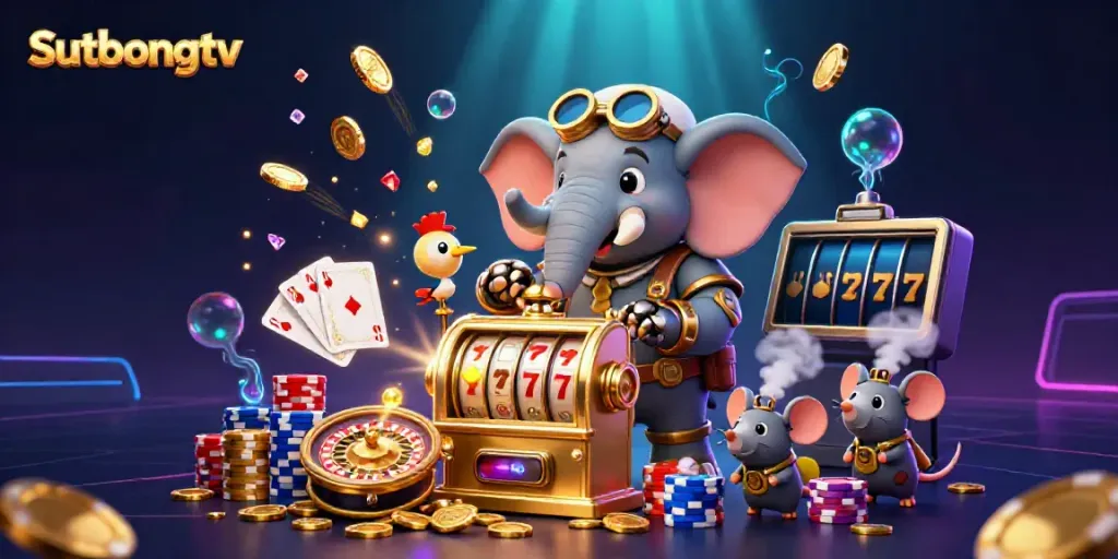 Sutbongtv showcases a vibrant 3D scene of a steampunk elephant engineering a golden slot machine amidst flying coins and poker elements.