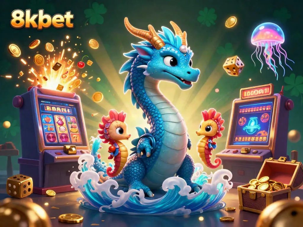 Experience the excitement of 8xbet with a vibrant casino scene featuring high-stakes slot games, dragon, and jellyfish.