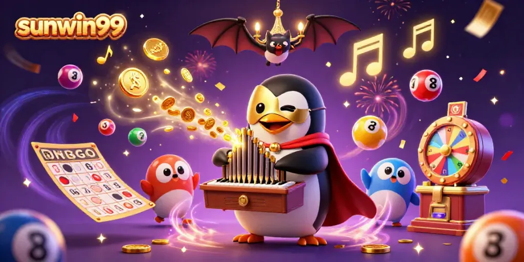 Experience the excitement with sunwin99 in this lively casino-themed illustration, showcasing vibrant characters and elements.