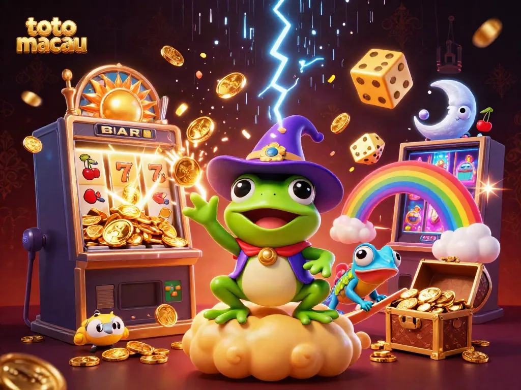 Gambaran menarik tentang toto macau dengan karakter si frog penyihir dan simbol keberuntungan pada latar belakang yang mencolok