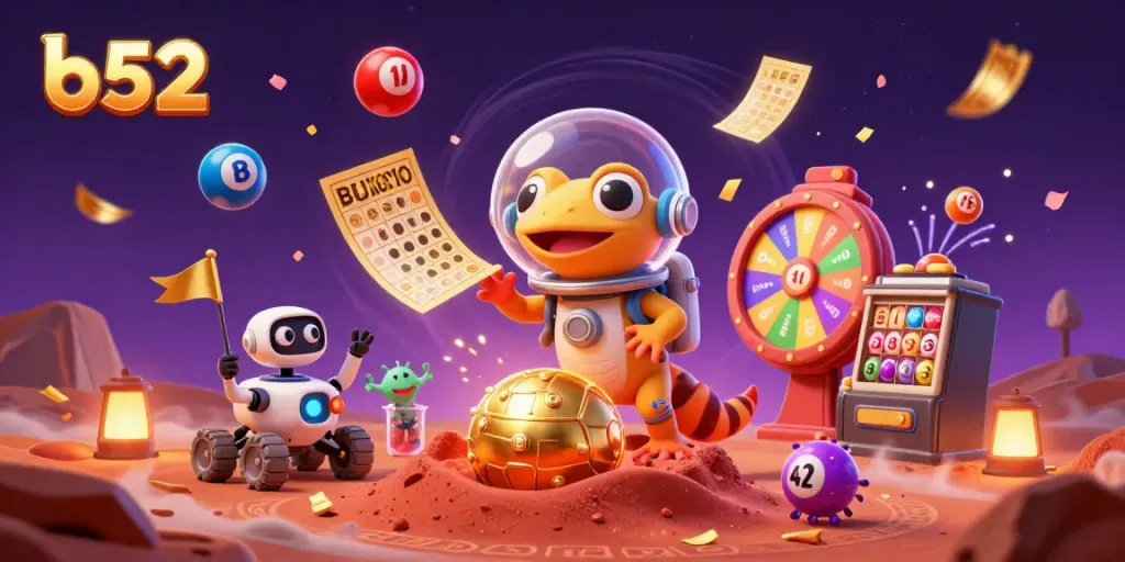 B52 casino scene, with a Martian gecko exploring a golden casino, celebrating with vibrant lottery elements.