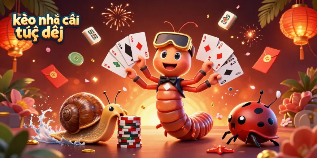 Engage with kèo nhà cái trực tiếp through this vibrant illustration featuring a dealer and unique game characters.