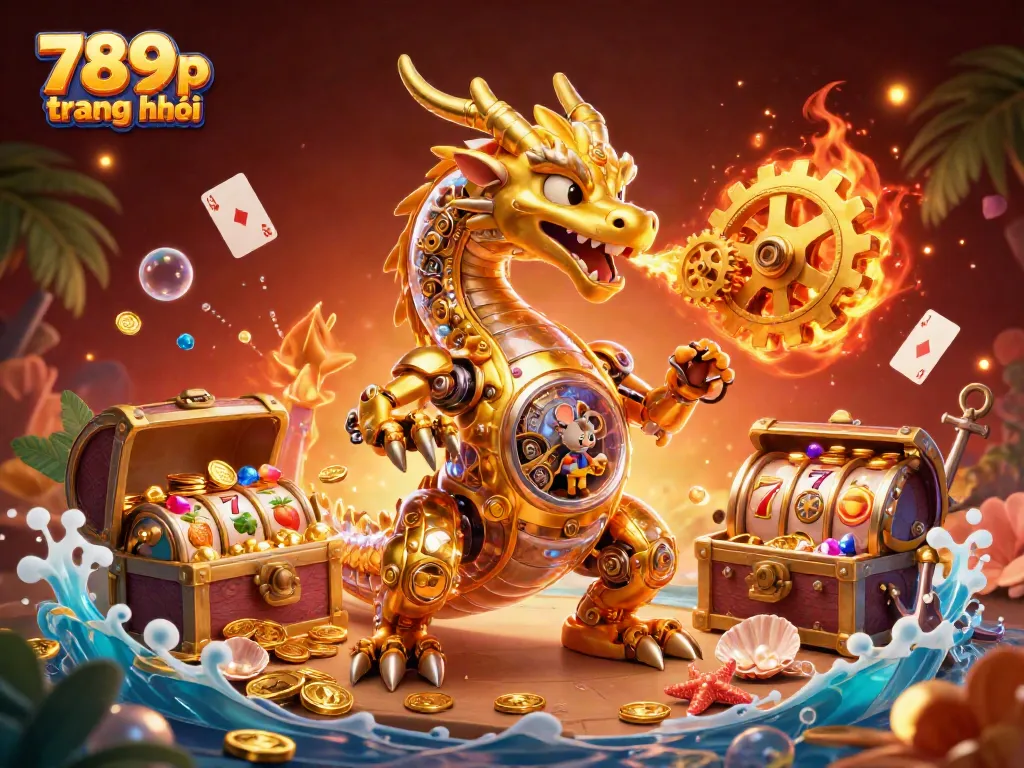 Experience excitement with 789p trang chủ, featuring a biomechanical dragon surrounded by gold coins and slot machines in a vibrant casino.