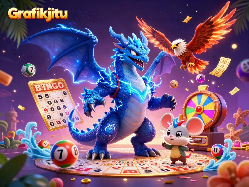 Play the lottery at Grafikjitu with dynamic animated colorful lottery elements and a powerful thunder dragon.