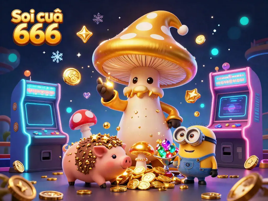 Soi cầu 666 illustration depicting a magical golden mushroom wizard, treasure-seeking pig, and colorful gems in a dynamic casino setting.
